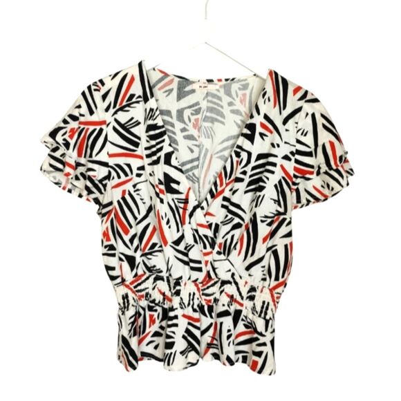 Francescas Mi Ami Linen Blend Peplum Top Cream Black Layered Sleeve Size XL - Picture 1 of 14